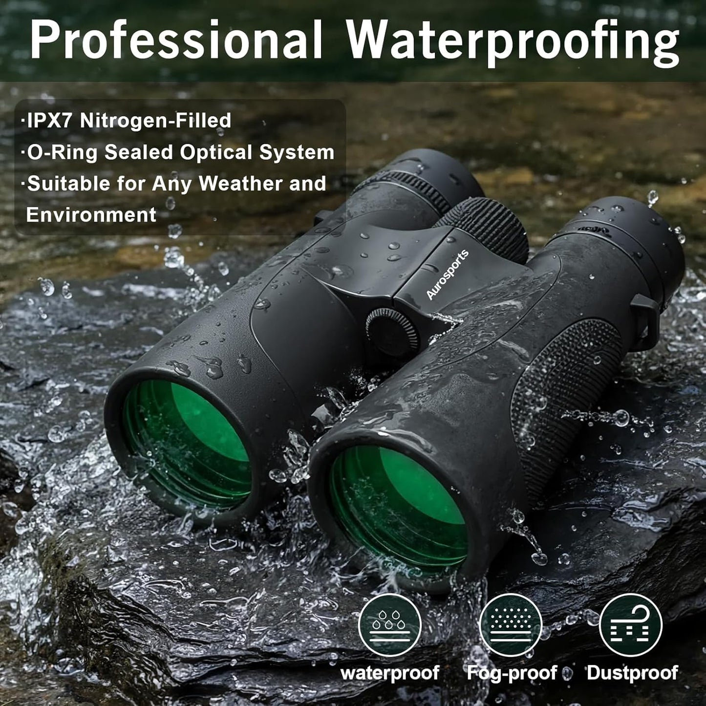 Aurosports 15x52 Waterproof Binoculars for Adults - Large View High Powered Binoculars with IPX7 Nitrogen-Filled - Low Light Vision Binocular for Bird Watching Hunting Cruise Hiking Sports Black