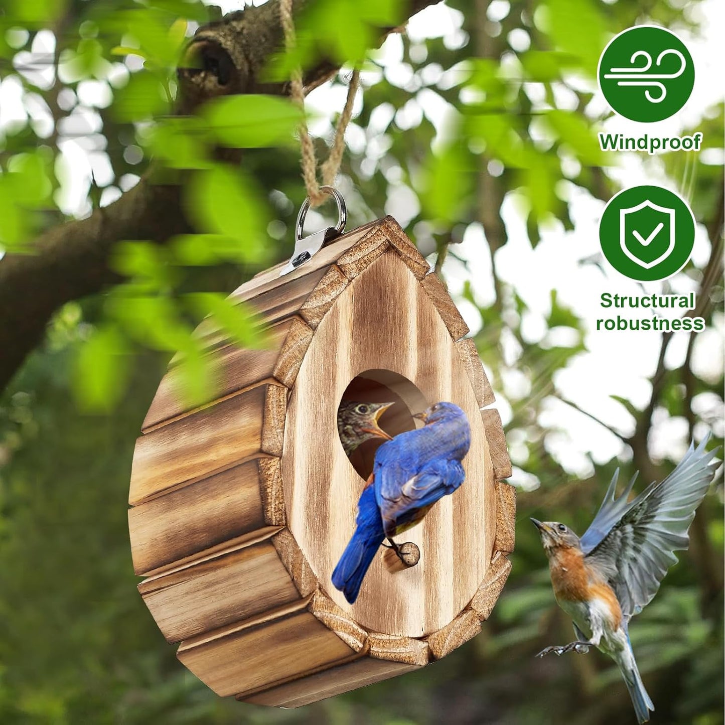 Hummingbird House for Outside - Natural Wooden Birdhouse for Bluebirds, Finches, Cardinals - Small Hanging Bird Nesting Box for Garden, Patio, or Yard - 5.9" D x 4.1" W x 3.8" H
