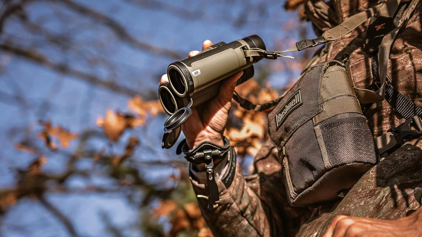 Bushnell R5 10x42 Binoculars - Waterproof, Dielectric Multi-Coated Optics with EXO Barrier Lens Protection for Long Range Viewing and Hunting, Includes Vault Lite Bino Chest Harness & Neck Strap