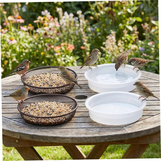 4PCS Bird Feeder Tray, Hanging Birdfeeder & Birdbath 2 Mesh Trays & 2 Water Bowls for Garden, Outdoor Wild Bird Feeding Station Feeder Tray