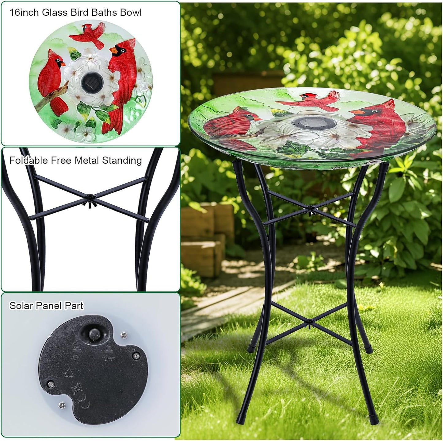MUMTOP Glass Bird Baths for Outside, 16 Inch Width Outdoor Garden Red Cardinals Bird Bath Bowl with Solar Light and Metal Stand, Large Glass Birdbaths Bird Feeder for Yard Decor, 20 Inch Height