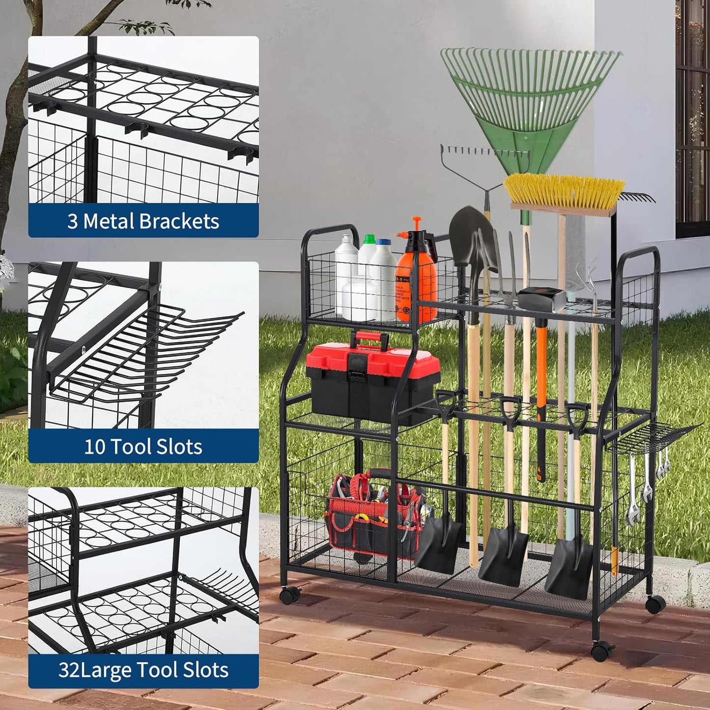 GarveeLife Garden Tool Organizer With Wheels & Basket,Yard Storage Rack with 6 Shelves,Freestanding Garage Tool Organizer for Yard Shed and Lawn