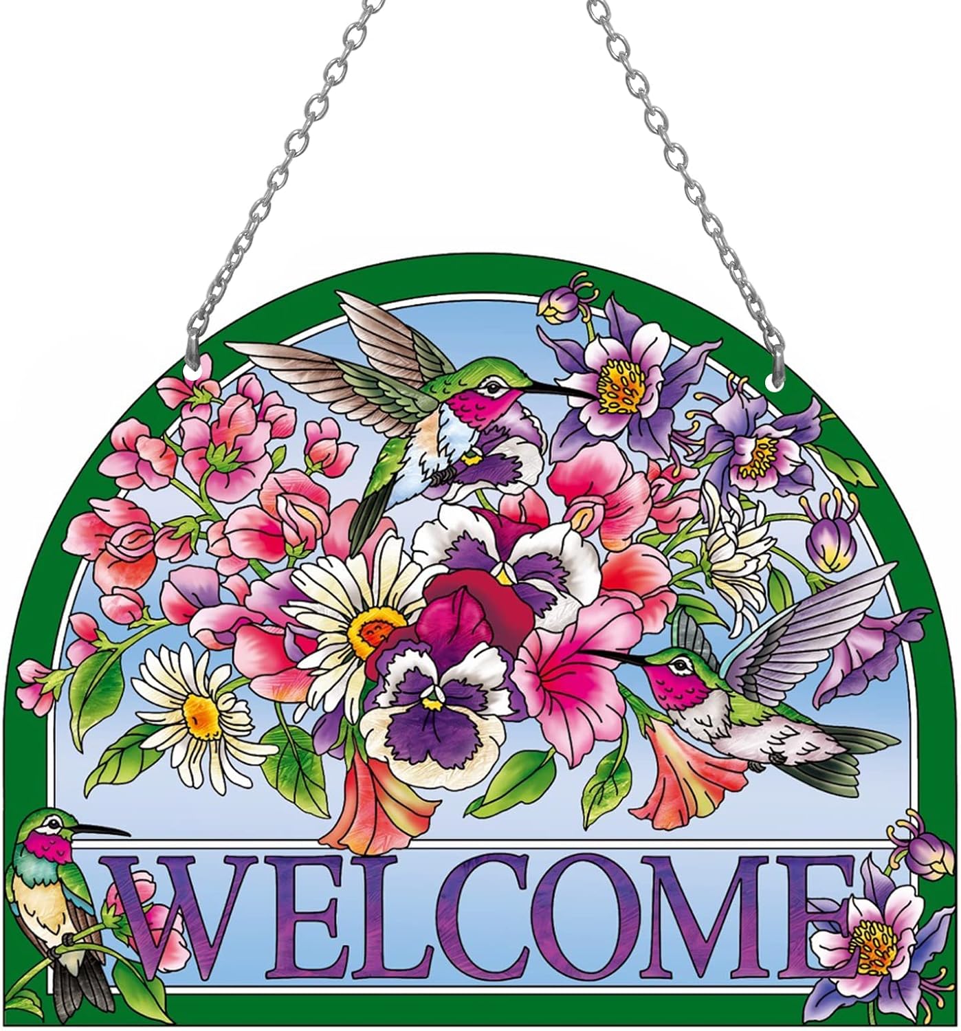 Hummingbird Stained Glass Suncatchers - Welcome Hummingbird Suncatcher, Vibrant Flowers Window Hanging, 7.8''*6.5'', Stained Glass Birds with Suction Cup, Mom Gift