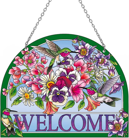 Hummingbird Stained Glass Suncatchers - Welcome Hummingbird Suncatcher, Vibrant Flowers Window Hanging, 7.8''*6.5'', Stained Glass Birds with Suction Cup, Mom Gift