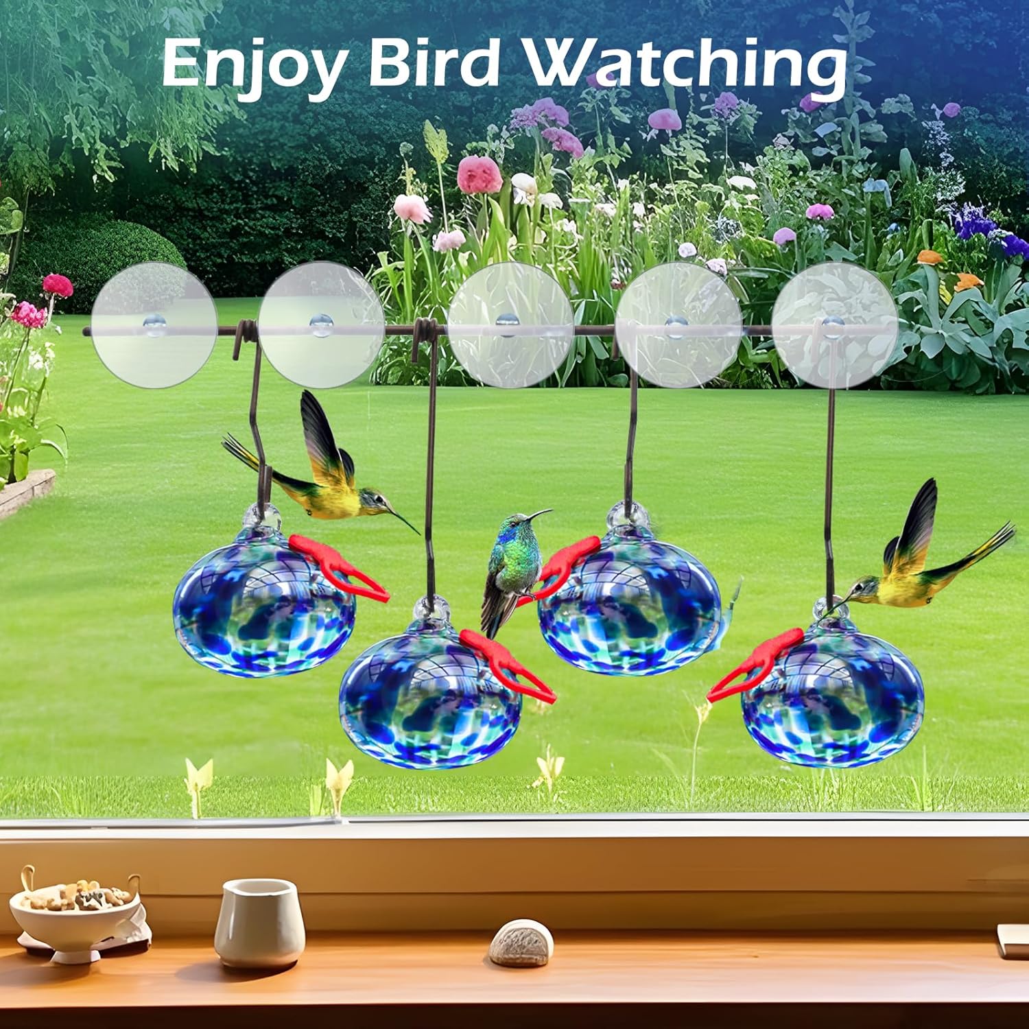 Window Hummingbird Feeder with Suction Cups,Hand-Blown Glass Hummingbi