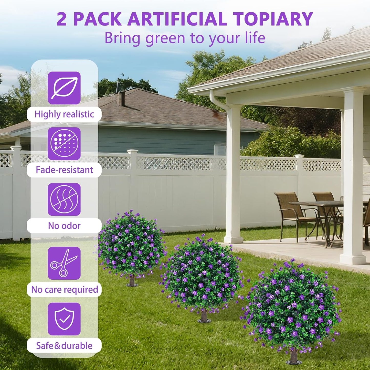 Artificial Purple Flower Topiary Ball Trees with Ground Spike, Set of 2 UV Resistant Artificial Shrubs, Fake Evergreen Artificial Plant Bushes for Indoor Outdoor Front Porch Garden