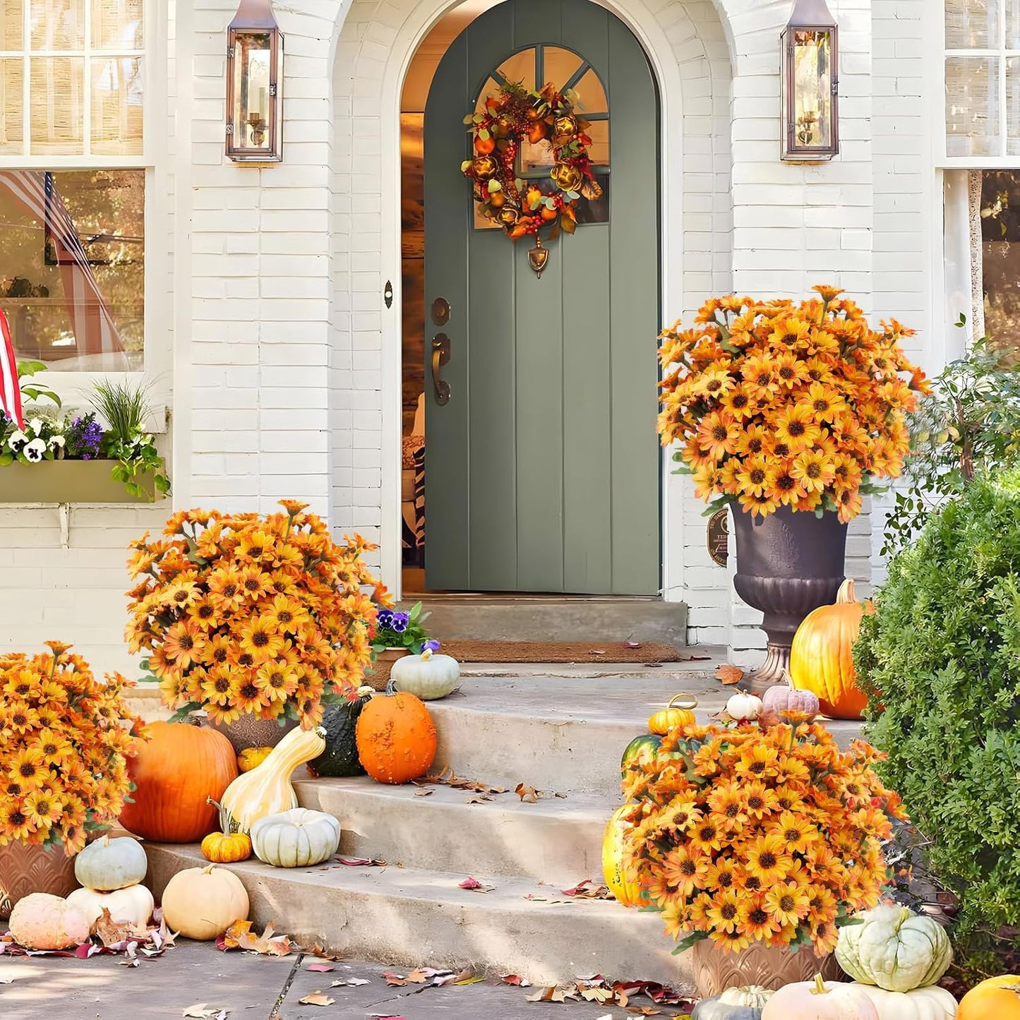 10 Bundles Artificial Fall Flowers Fake Mums Outdoor No Fade Faux Silk Daisy Bulk Plants Flower Arrangements for Autumn Home Outside Porch Patio Farmhouse Garden Pots Planter Decor