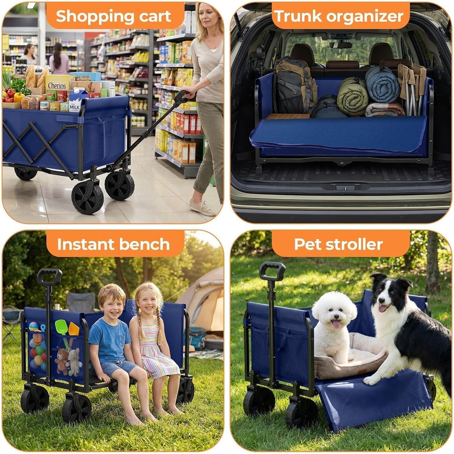 Portable Collapsible Wagon Cart, Foldable Cart with Removable Side, Utility Groceries Wagon for Dogs Pets Camping Beach Shopping Sports Gardeing Fishing, Blue