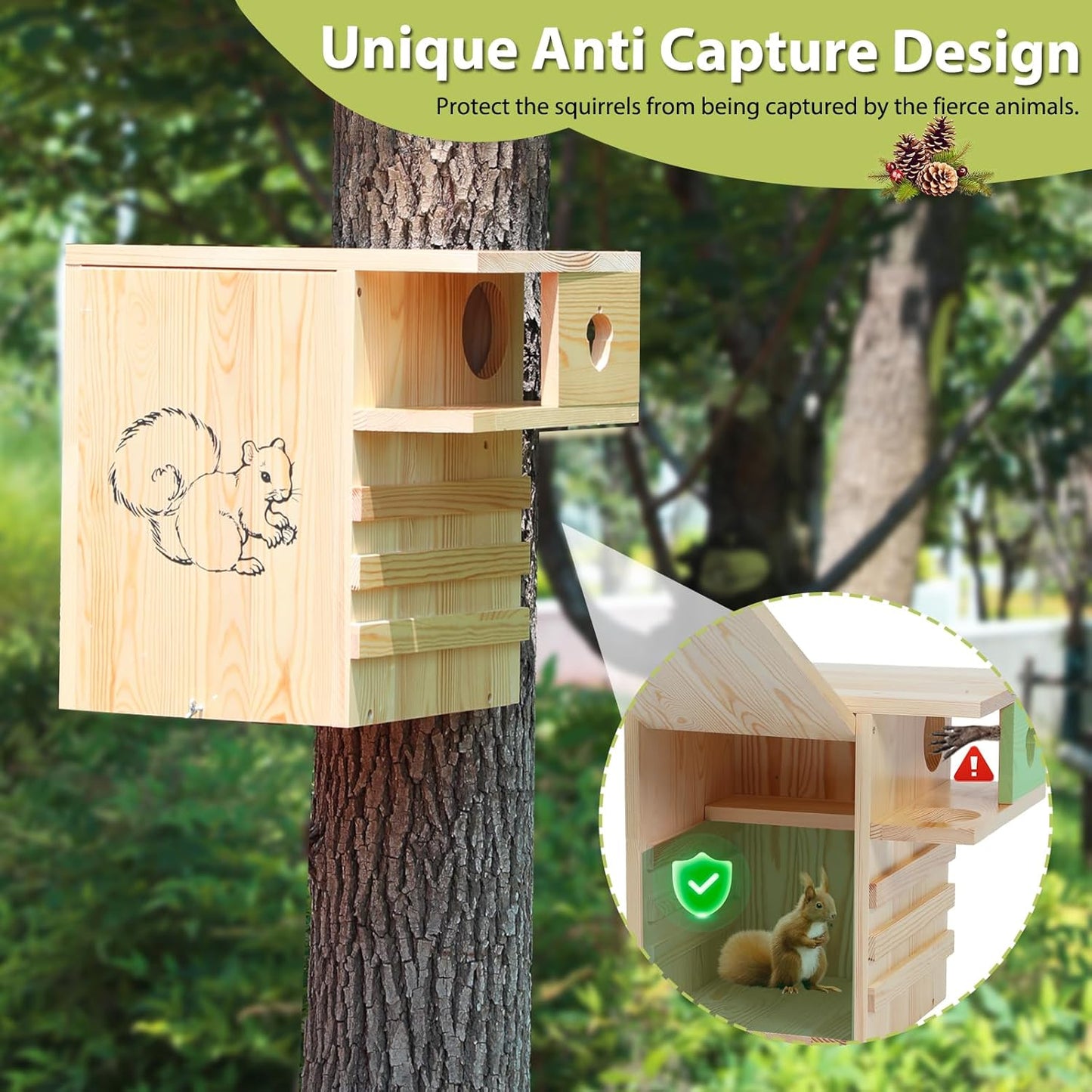 Wooden Squirrel House Outdoor, 12.6" W Large Nesting Box with External