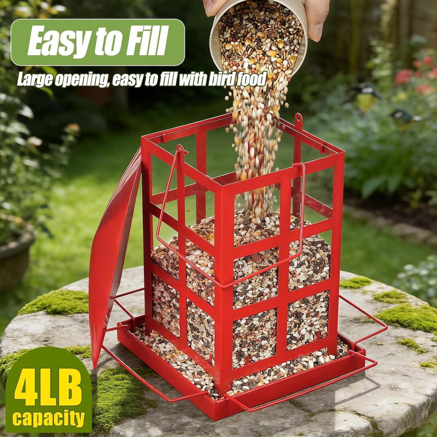 Bird Feeder, Heavy Duty Metal Bird Feeders for Outdoor Hanging, Retro Red House Wild Birdfeeder, Rainproof & Waterproof, 4 LBs Large Capacity