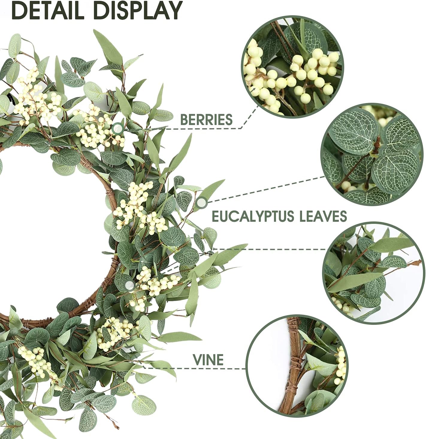 Pinkpum 20'' Eucalyptus Wreath for Front Door, Porch, Window - Green D