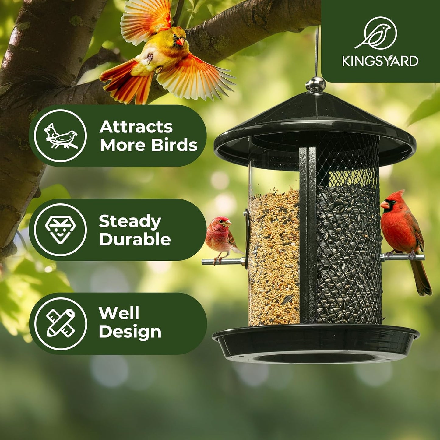 Kingsyard Metal Bird Feeder for Outdoor Hanging - Weather Resistant Chew-Proof Wild Bird Feeder with Dual Chamber of 4 lbs Capacity for Mixed Seeds, Black