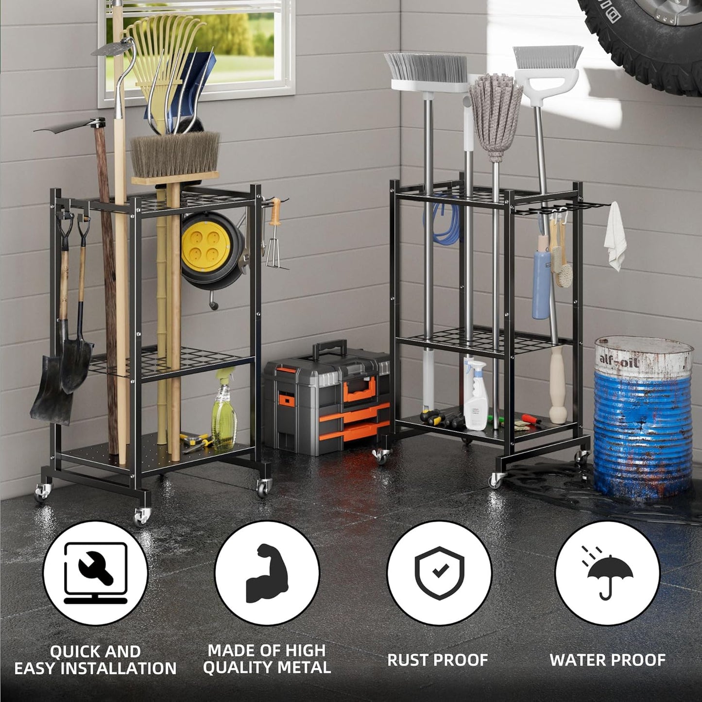 Garden Tool Organizer Stand with Wheels,Yard Tool Organizer for Garage with 2 Hooks, Rack Up to 42 Tools,Broom Holder & Garden Tool Rack for Shed, Patio, Outdoor Use
