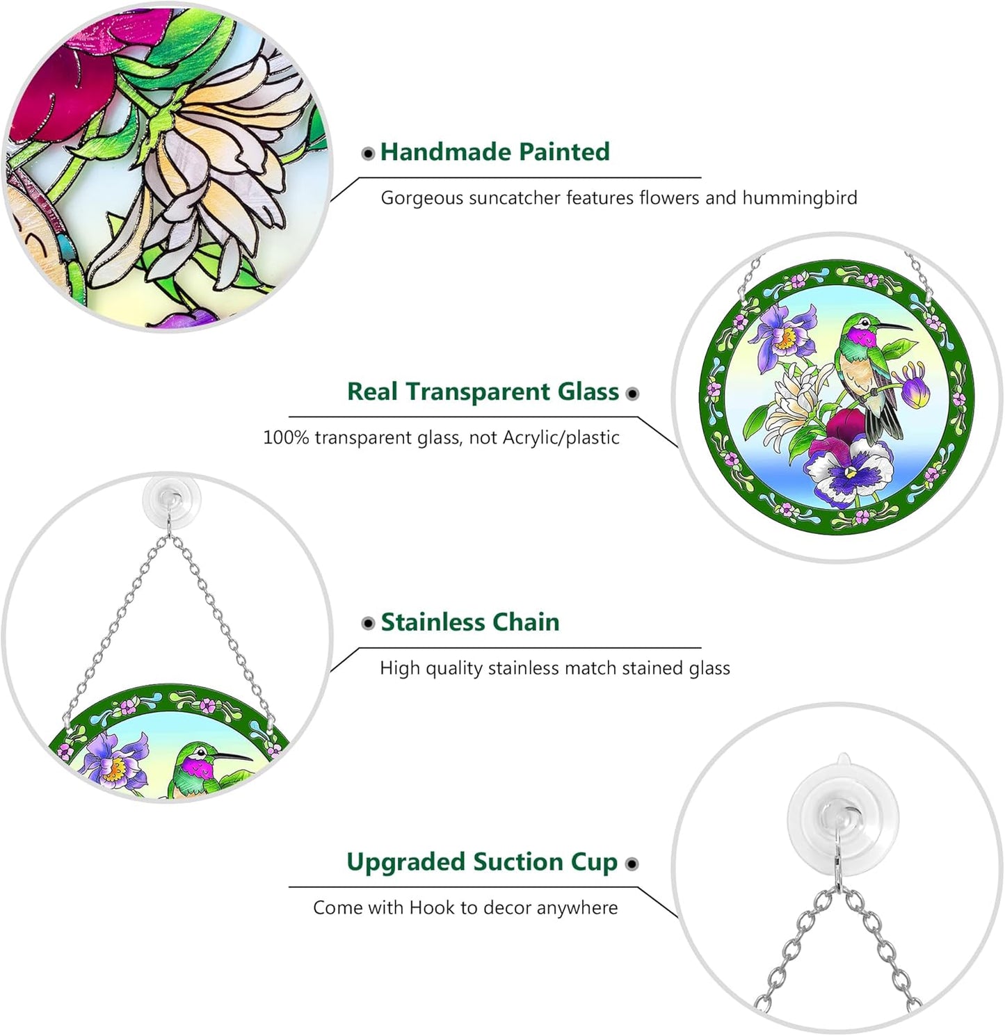 Hummingbird Stained Glass Suncatcher Round, Window Hanging with Chain & Hook, Gift-Boxed Floral Bird Window Decor, Gift for Mom & Grandma (8.6in)