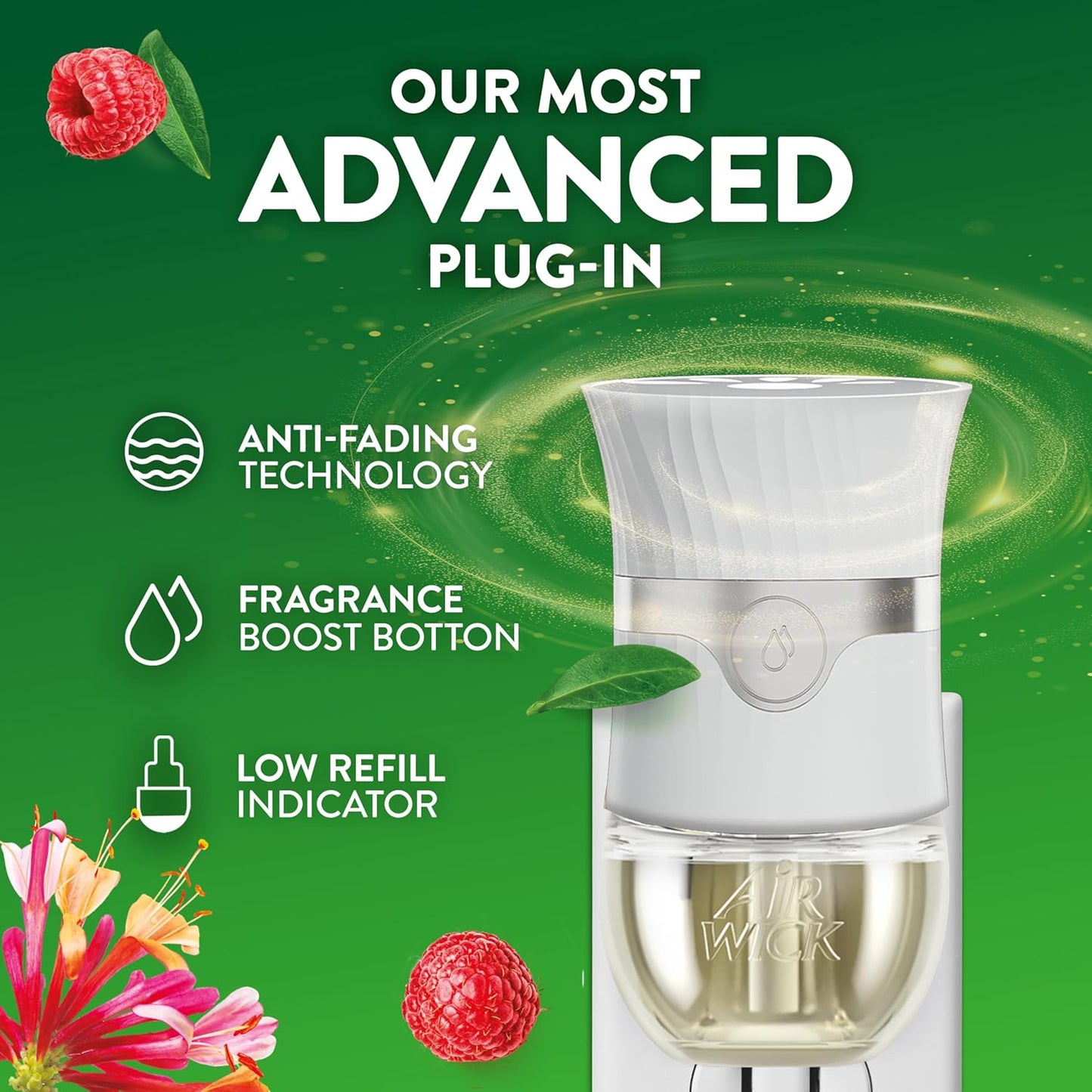 Air Wick Plug In Scented Oil Refill, Infused with Essential Oils, Plug In Air Fresheners for Home, Honeysuckle & Raspberry, 4 ct