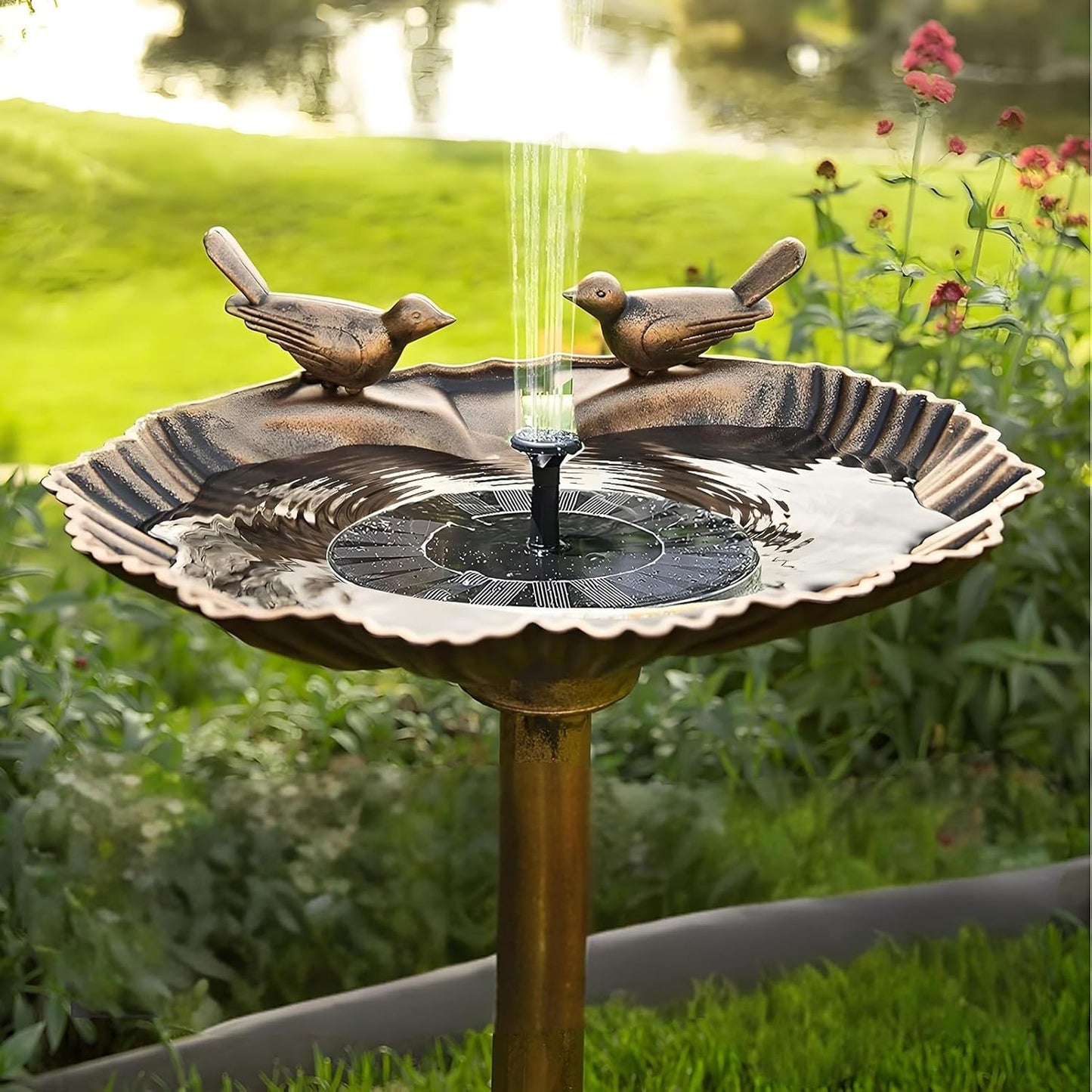 Water Fountain and Birdbath Solar Powered Polyresin Vintage Bronze/Green Outdoor Pond Fountain Combo Set Freestanding Bird Feeders for Garden Patio Deck or Yard