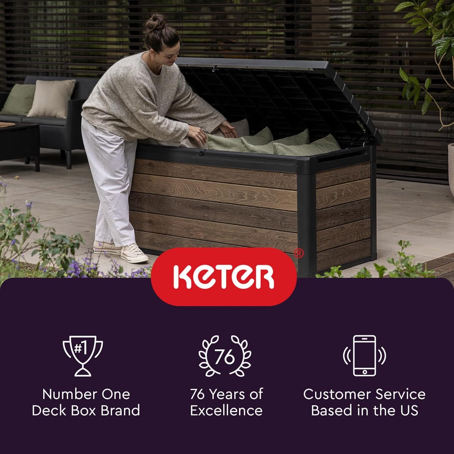 Keter City 30 Gallon Resin Outdoor Storage Box and Patio Furniture Sid