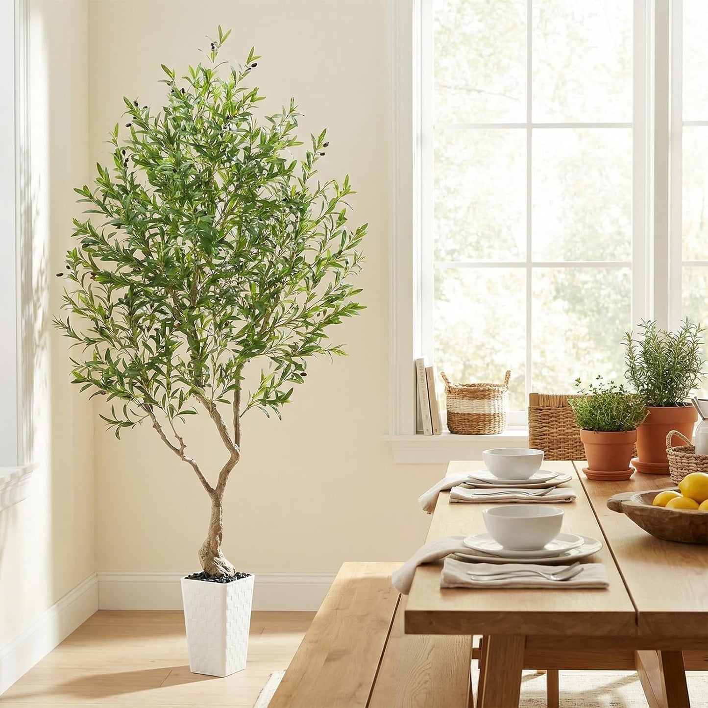 Artificial Olive Tree, 8FT Tall Faux Olive Trees with White Tall Planter & Pebbles, Fake Silk Plant with Natural Trunk & Lifelike Fruits, Fake Tree for Home Office Living Room Indoor Outdoor Decor