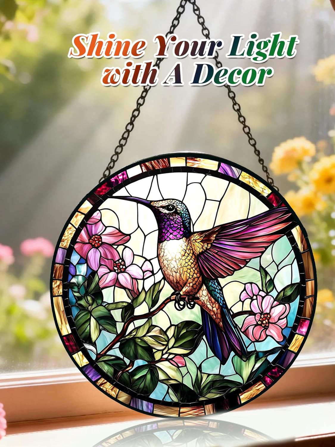 Stained Glass Window Hanging, Hummingbird Suncatcher for Door Home Dec