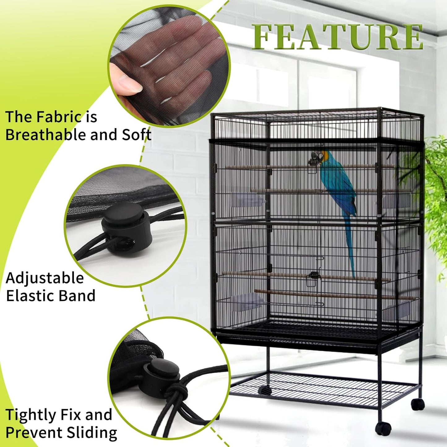 Daoeny Bird Cage Seed Catcher, Large Bird Cage Cover, Adjustable Soft Airy Nylon Mesh Net, Birdcage Cover Skirt Seed Guard for Parrot Parakeet Macaw African Round Square Cages (Black)