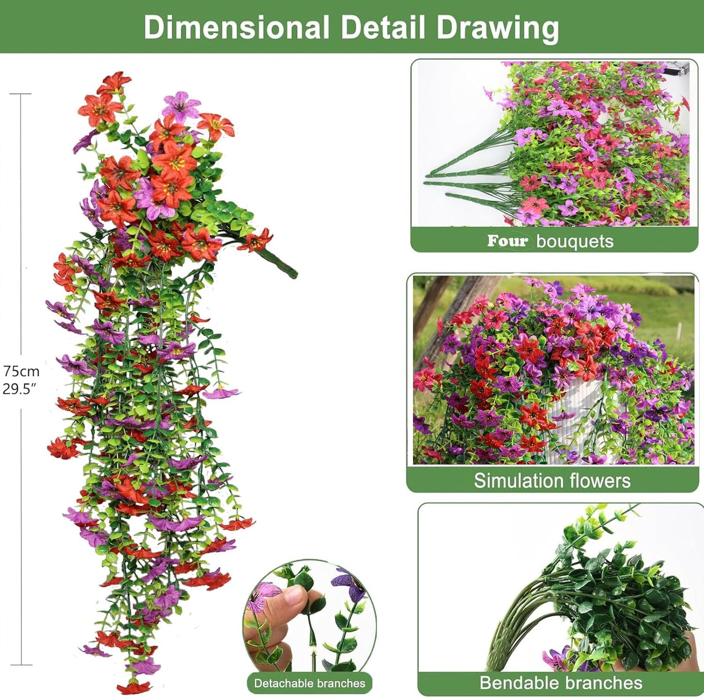 Artificial Hanging Flowers for Outdoors, 4 Pack Fake Hanging Plant for Spring Summer Decor, UV Resistant Faux Silk Flower for Planter Porch Patio Balcony Yard Decoration ( Light Purple & Rose Red)