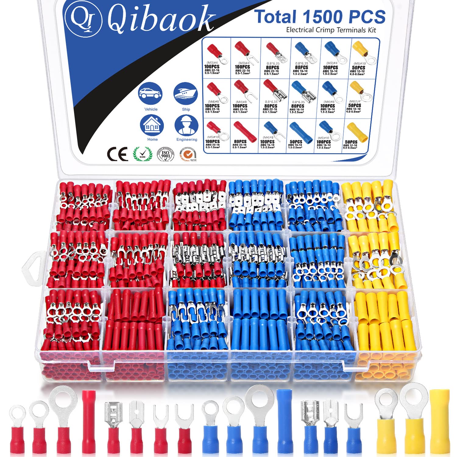 Qibaok 1500pcs Wire Connectors - Insulated Electrical Wire Terminals (