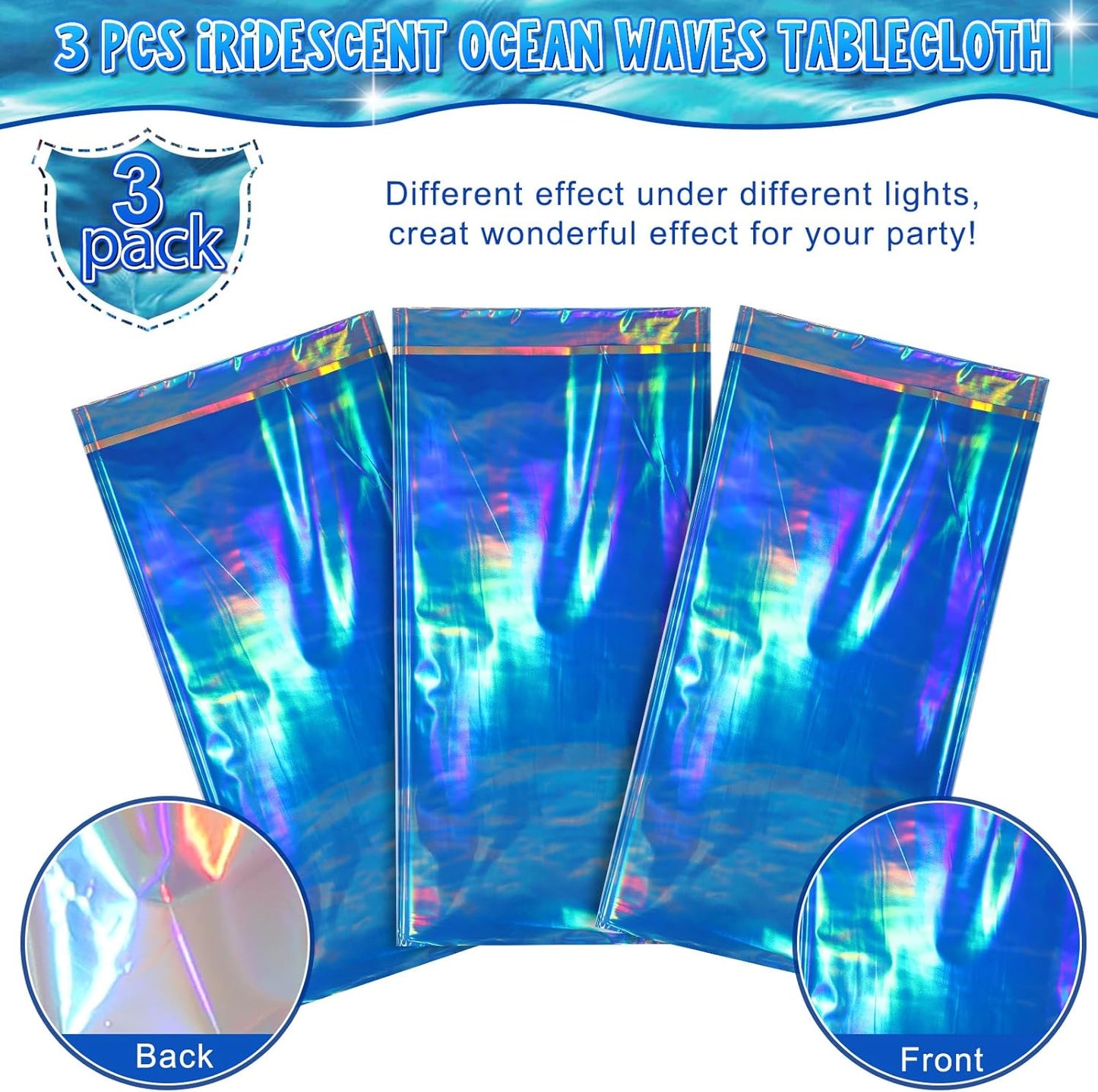 3 Pcs Iridescent Waves Tablecloths - Disposable Plastic Ocean Blue Table Cloth Rectangle Table Covers for Under the Sea Beach Surf Pool Party Birthday Party Decorations, 54 x 108 Inch