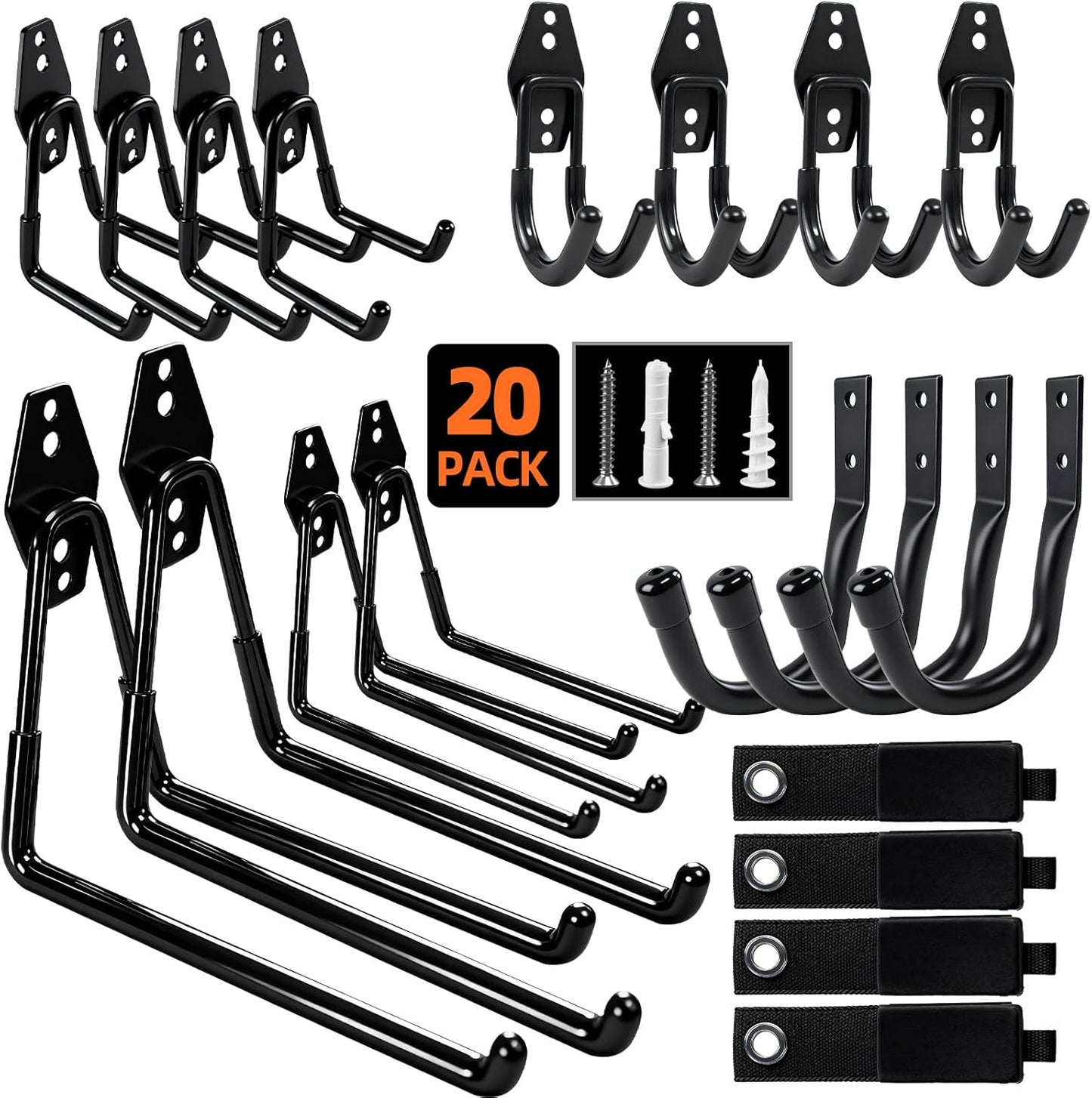 20 Pack Heavy Duty Garage Hooks Wall Mount Steel Garage Storage Hooks with Anti-Slip Coating for Hanging Ladders,Bikes,Garden Tools,Bulk Items Ropes and More Equipment
