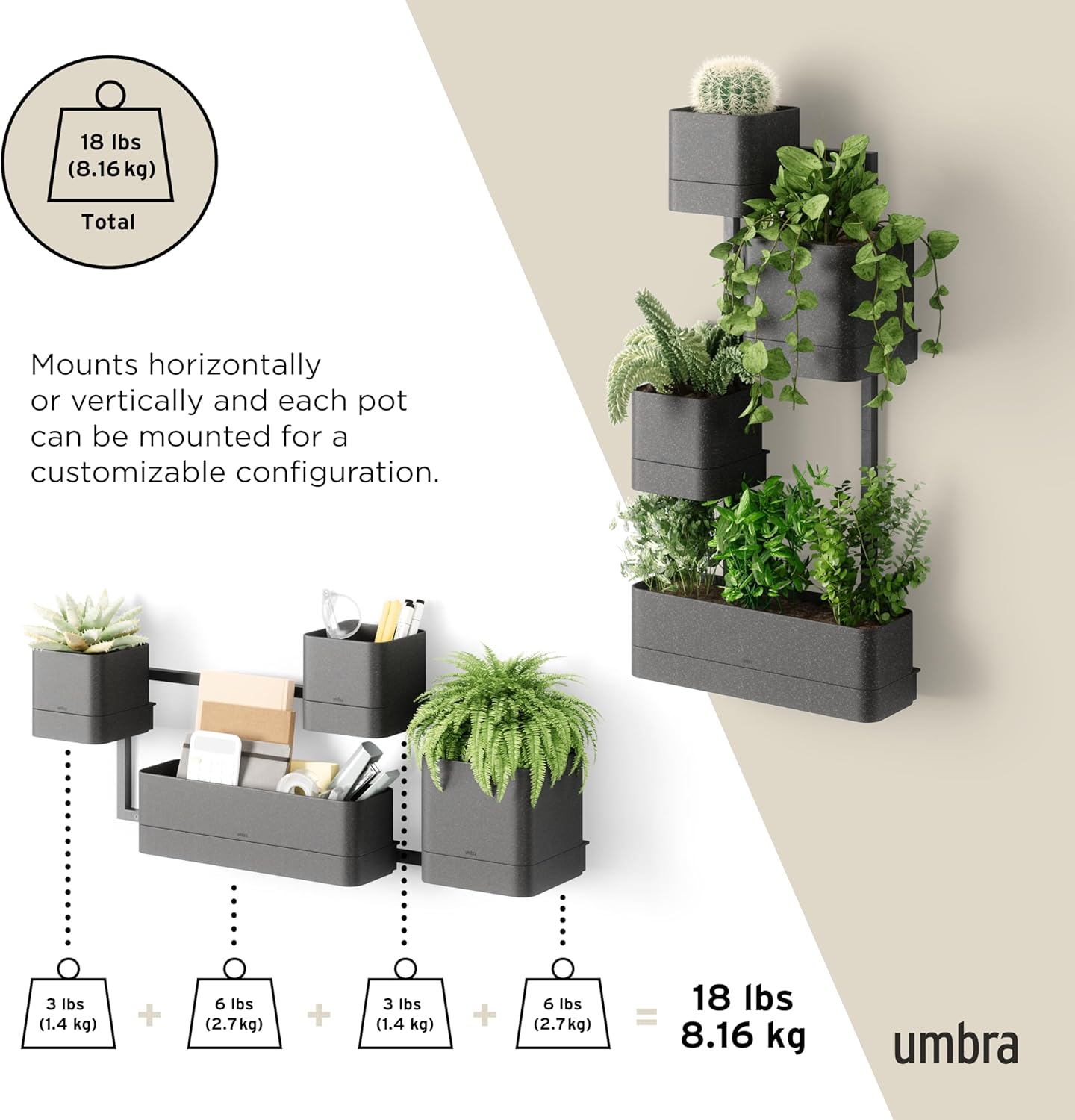 Umbra Cubiko Wall Planter with 4 Lightweight and Durable Pots (Black)