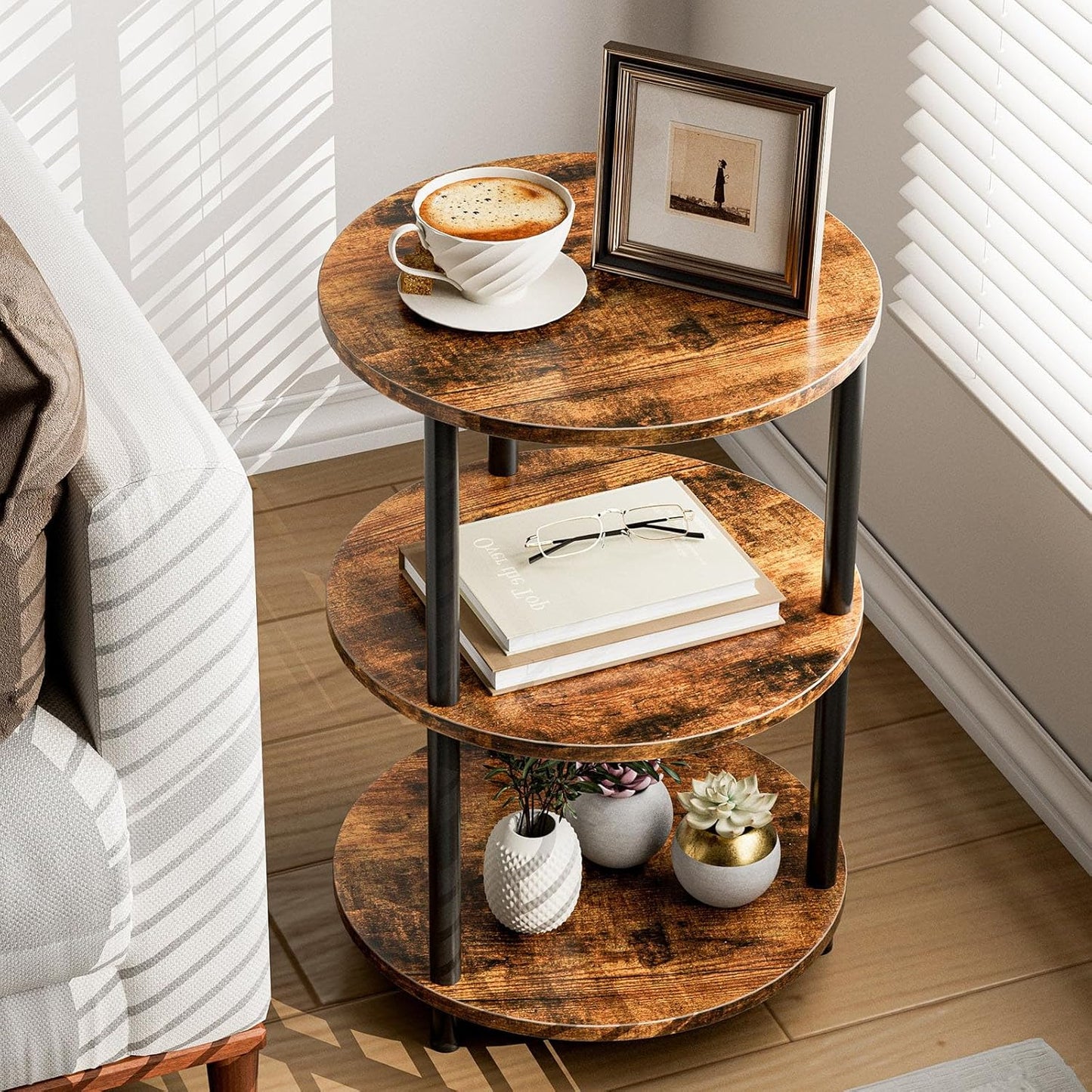 Small Round End Table - 3 Tier Design Accent Table, Narrow Side or Bedside Stand, Industrial Vintage Nightstand for Bedroom, Living Room, or Small Spaces, Rustic Brown