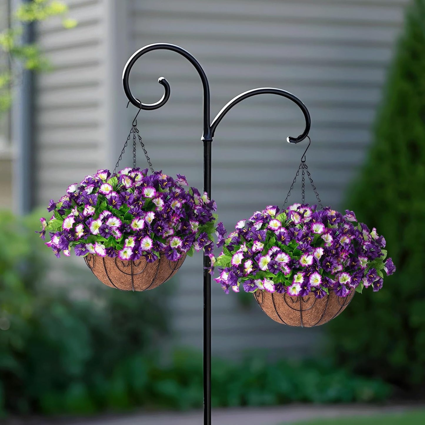 Artificial Hanging Flowers 12 inch Basket, Faux Silk Petunias Flower Arrangement,Coconut Lining Pot Planter with Morning Glories Patio Garden Porch Deck Spring Summer Decor(Purple Edge)