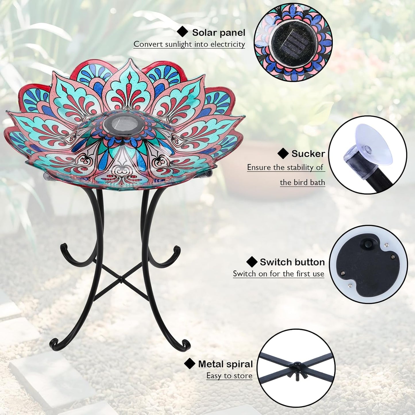 DREAM GARDEN Bird Bath for Outside, Glass Solar Birdbath with Foldable Metal Stand for Garden Yard Patio Lawn Decor, 21 Inch Height
