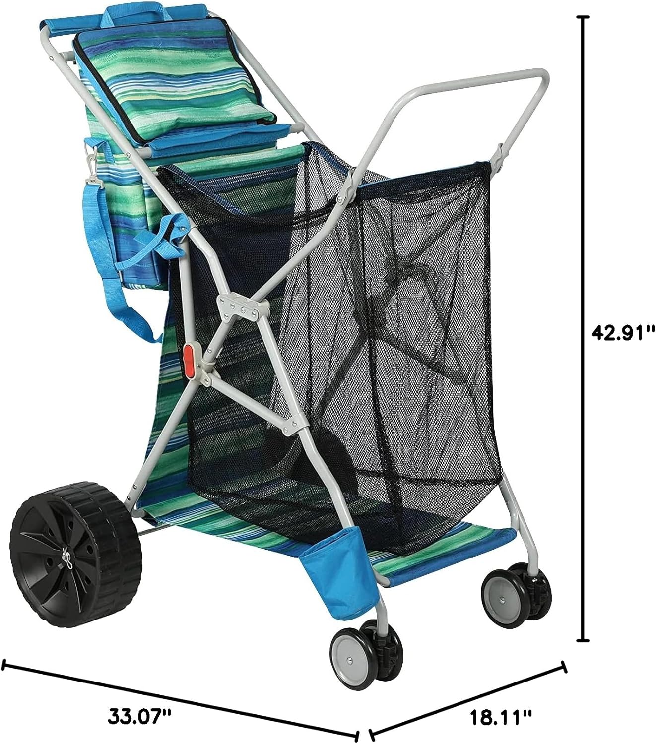 Beach Cart with Big Wheels for Sand, Collapsible All-Terrain Beach Wagon with Cooler Bag & Umbrella Holder, Large Mesh Storage, Supports 100lbs for Camping, Outdoor, Shopping, Dark Blue Stripes