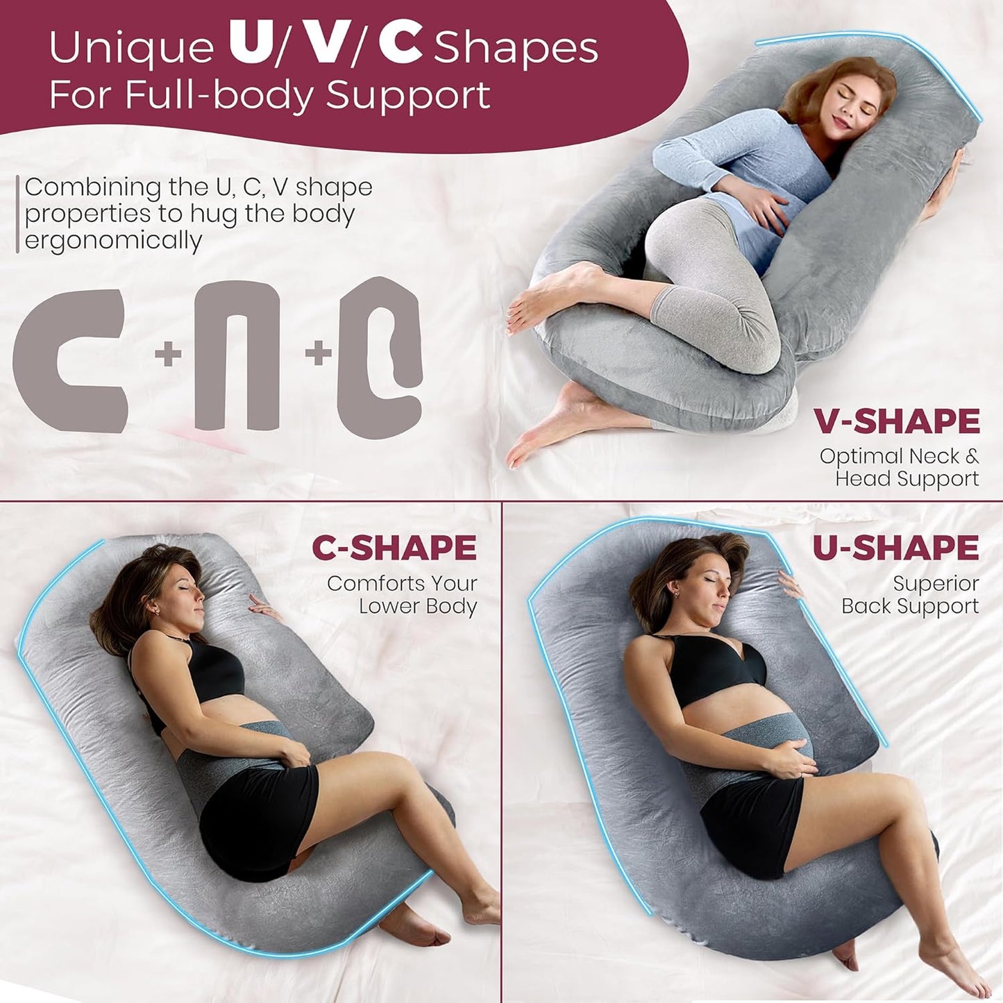 PILLANI Pregnancy Pillows for Sleeping – 57-Inch Maternity Pillow for Pregnant Women with Removable Washable Cover – Support for Back, Belly, Neck, Legs, and Hips – V C U Shaped Full Body Pillow