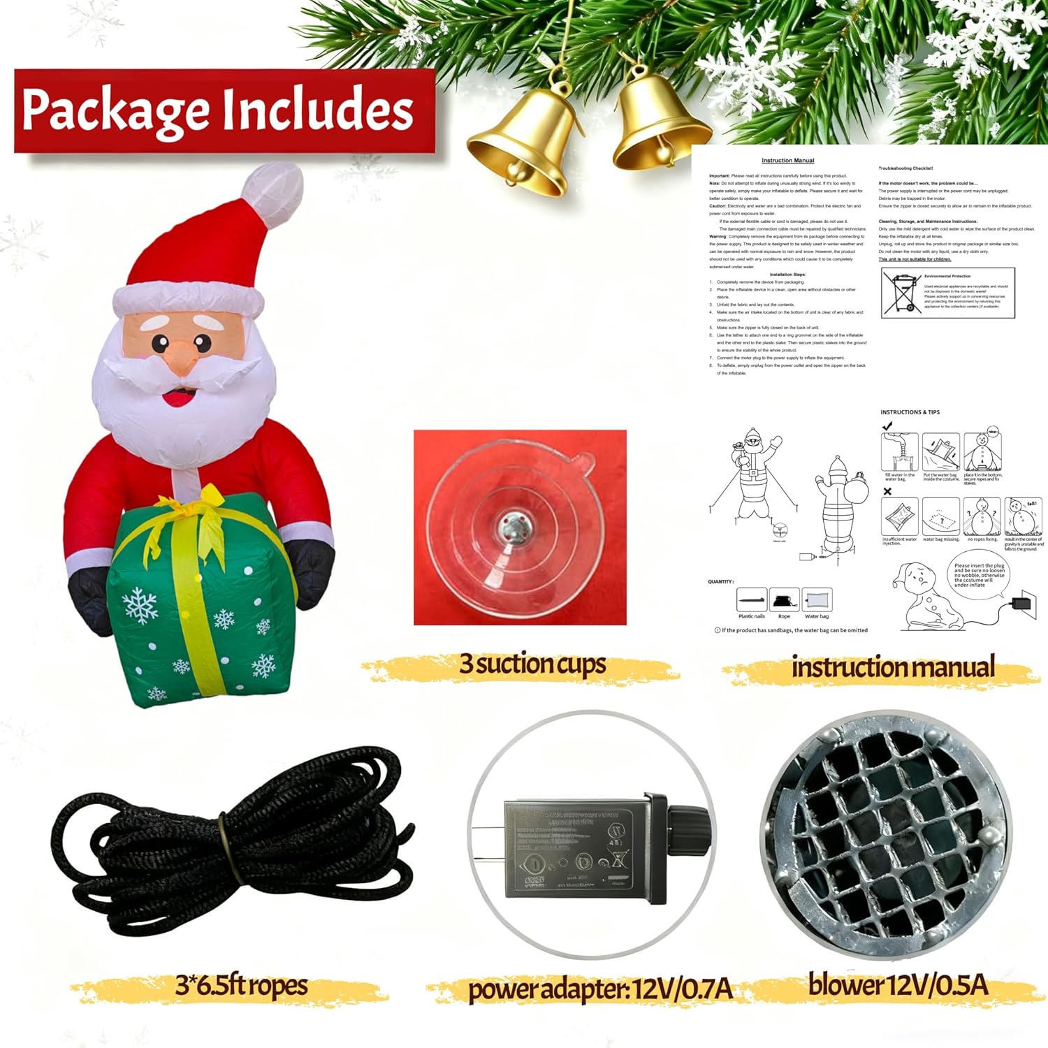 3.5FT Window Inflatble Decor- Christmas Santa Claus with Green Gift Bo