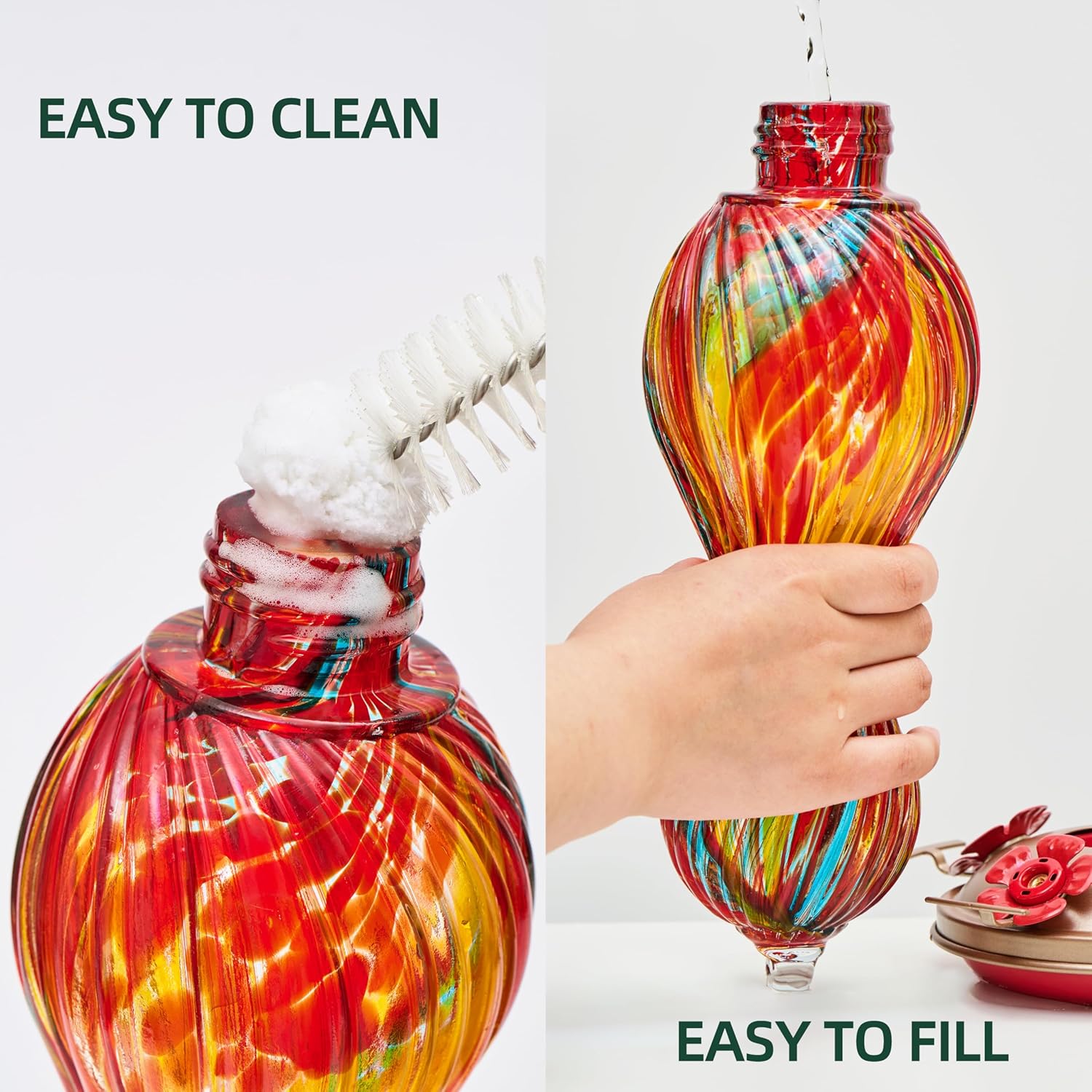 Hummingbird Feeder for Outdoors Hanging, Hand Blown Glass 24 OZ Capaci