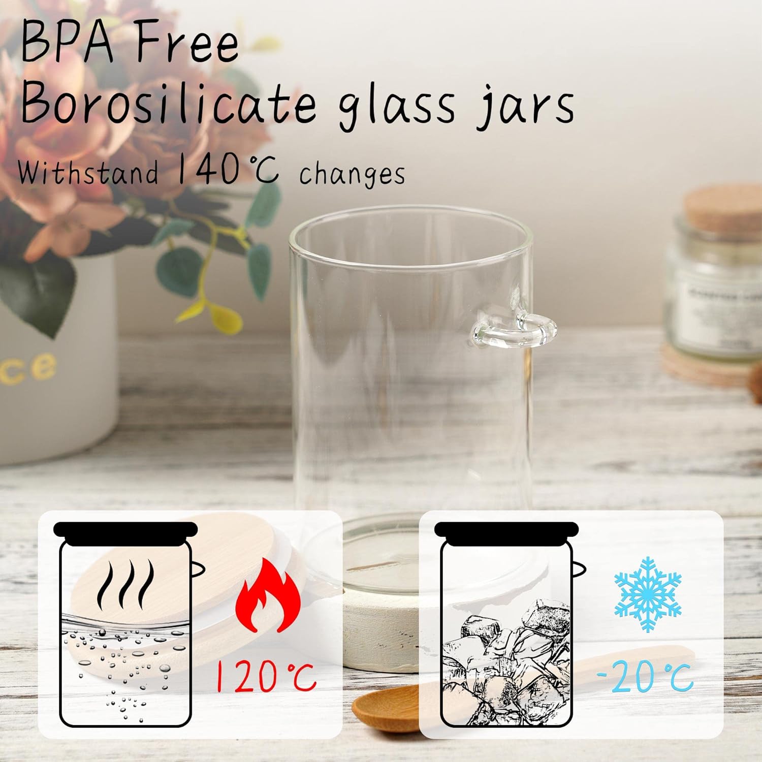 Glass Sugar Container with Spoon - 2 Pack 15oz Glass Jars with Bamboo 