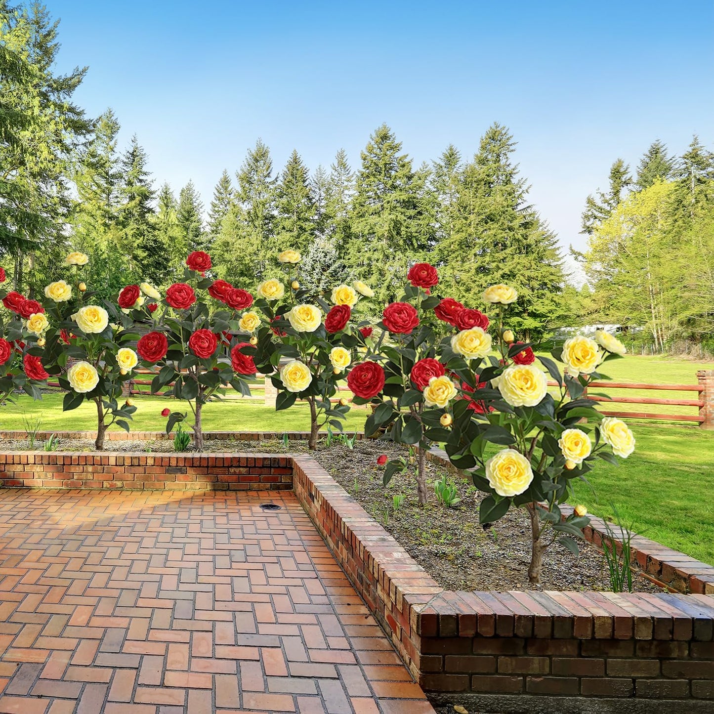 momoplant Artificial Camellia Tree 30 Inch Faux Flower Plant Set of 2 Fake Camellia Trees with 2 Black Pots Plant for Office Home Porch Outdoor Indoor Decor (Yellow&Red)