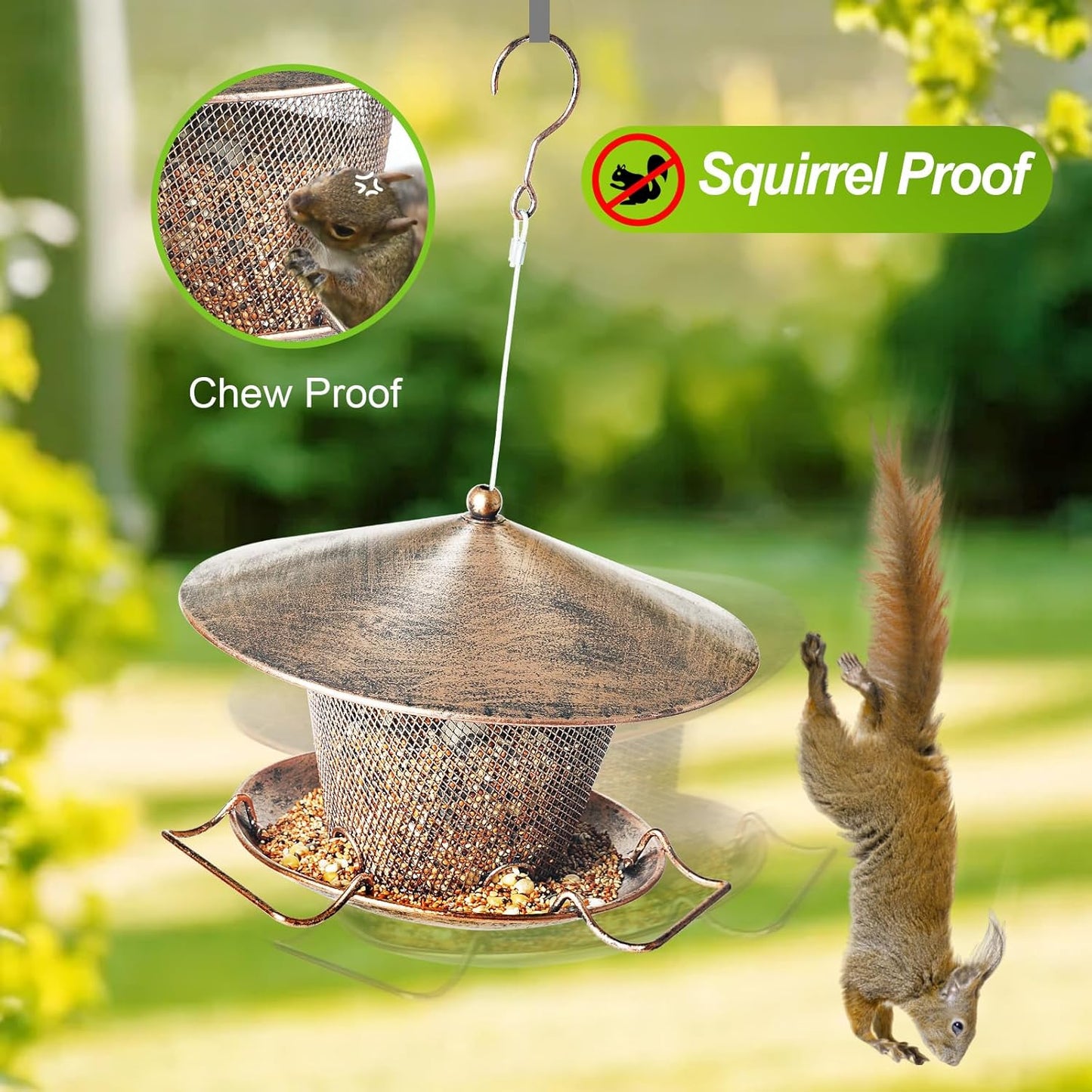 Bird Feeder for Outdoor, Rainproof Weatherproof Metal Hanging Wild Bird Feeder with 9.8" Roof 3 LBs Seeds Capacity, Easy to Clean & Refill