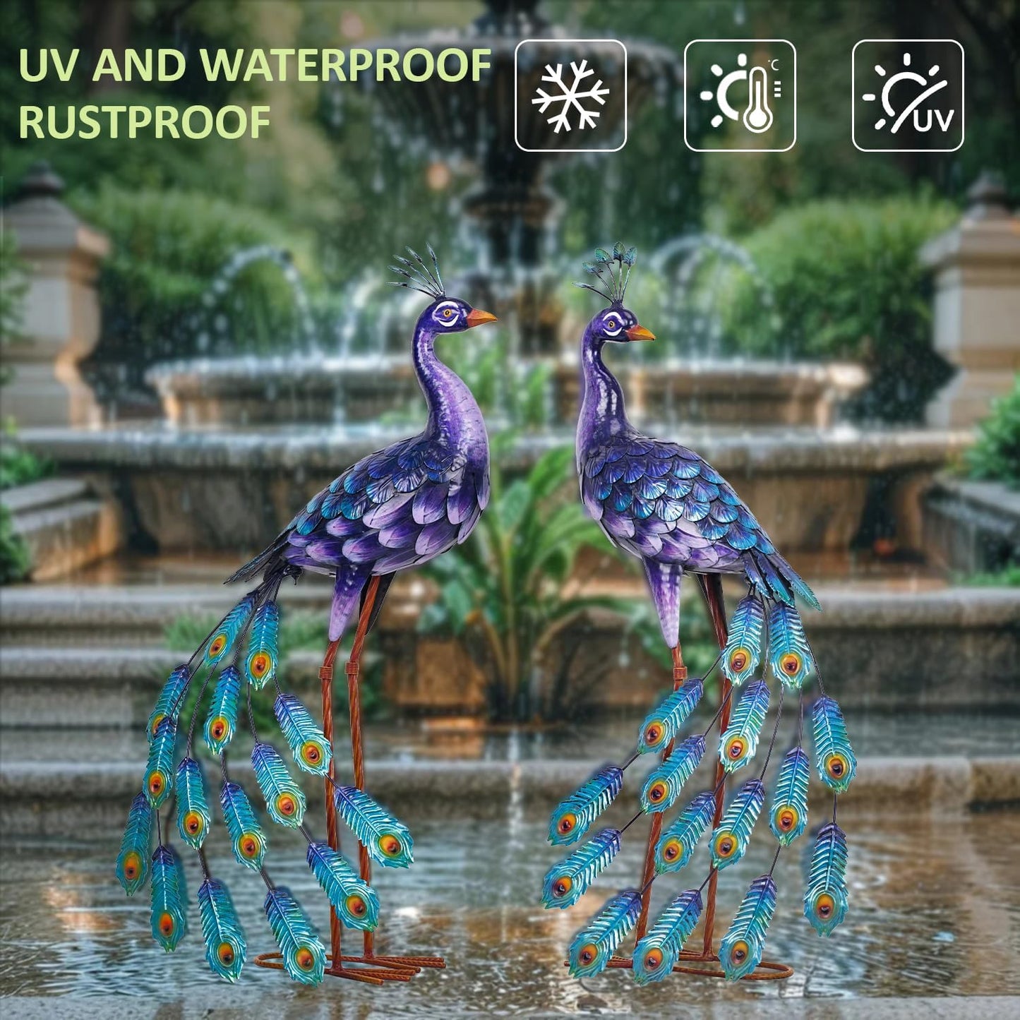 Kircust Purples Peacock Garden Statue and Sculpture, Metal Peacocks Ya