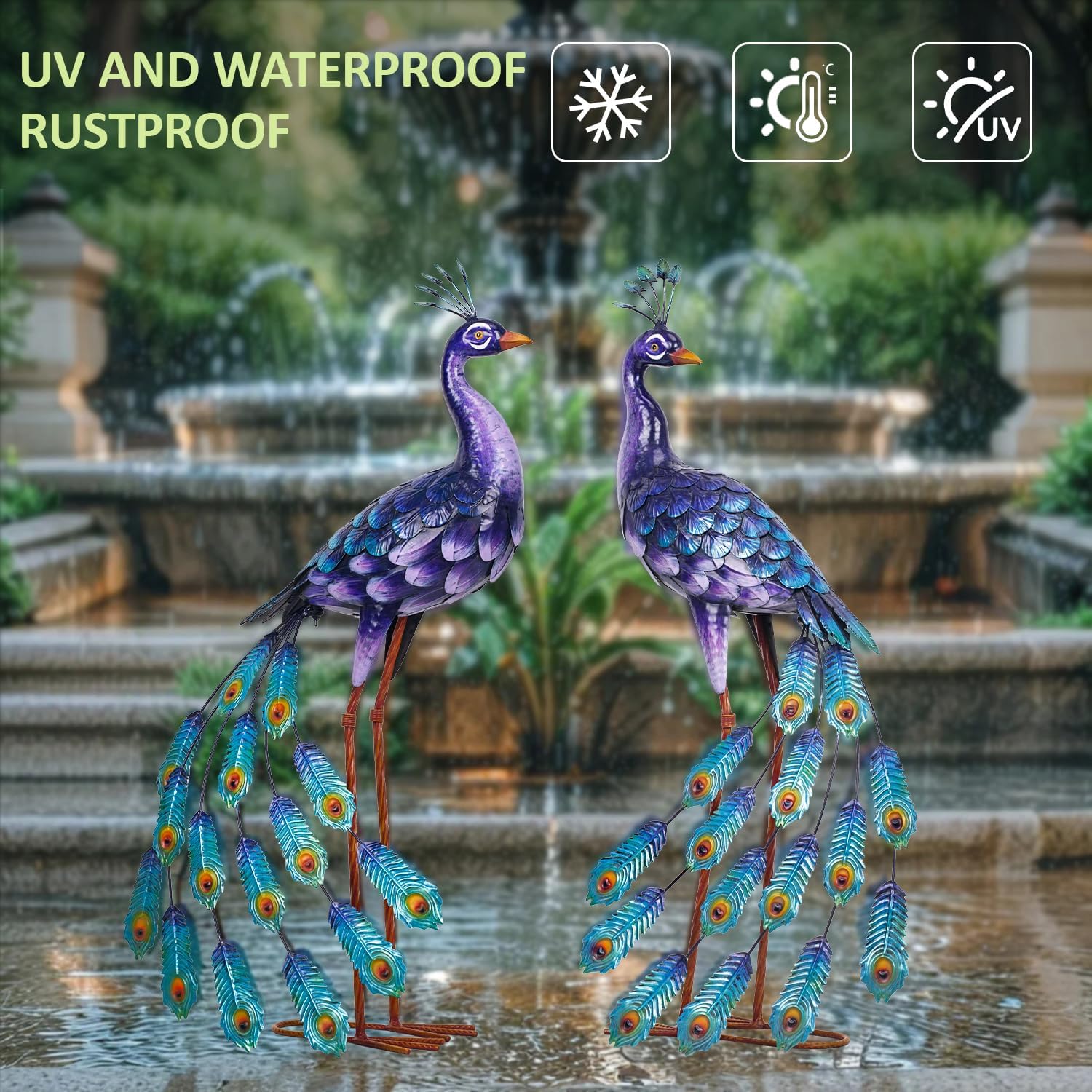 Kircust Purples Peacock Garden Statue and Sculpture, Metal Peacocks Ya