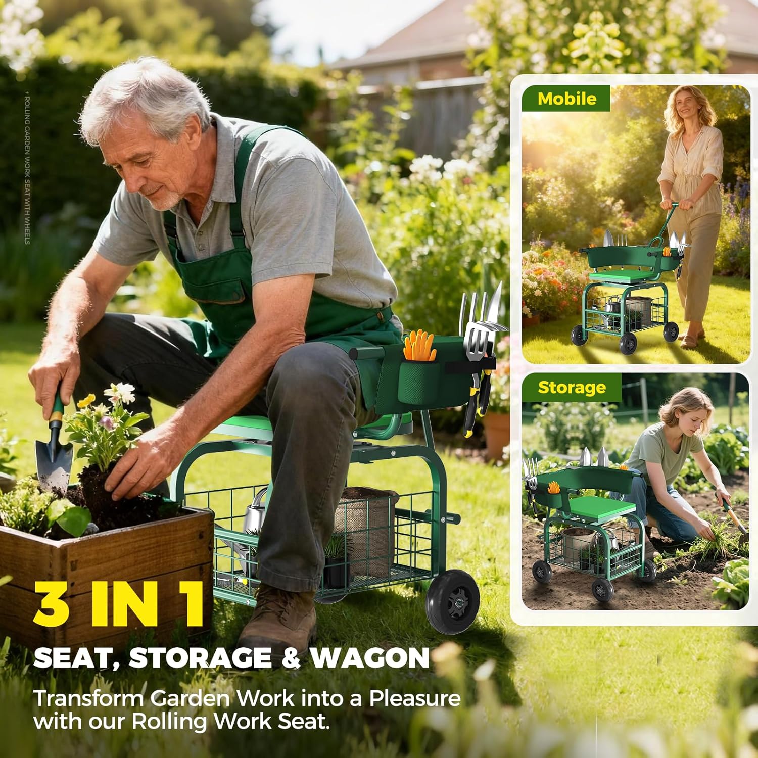 Suntee Garden Seat with Wheels, Rolling Gardening Stool with 360° Swiv