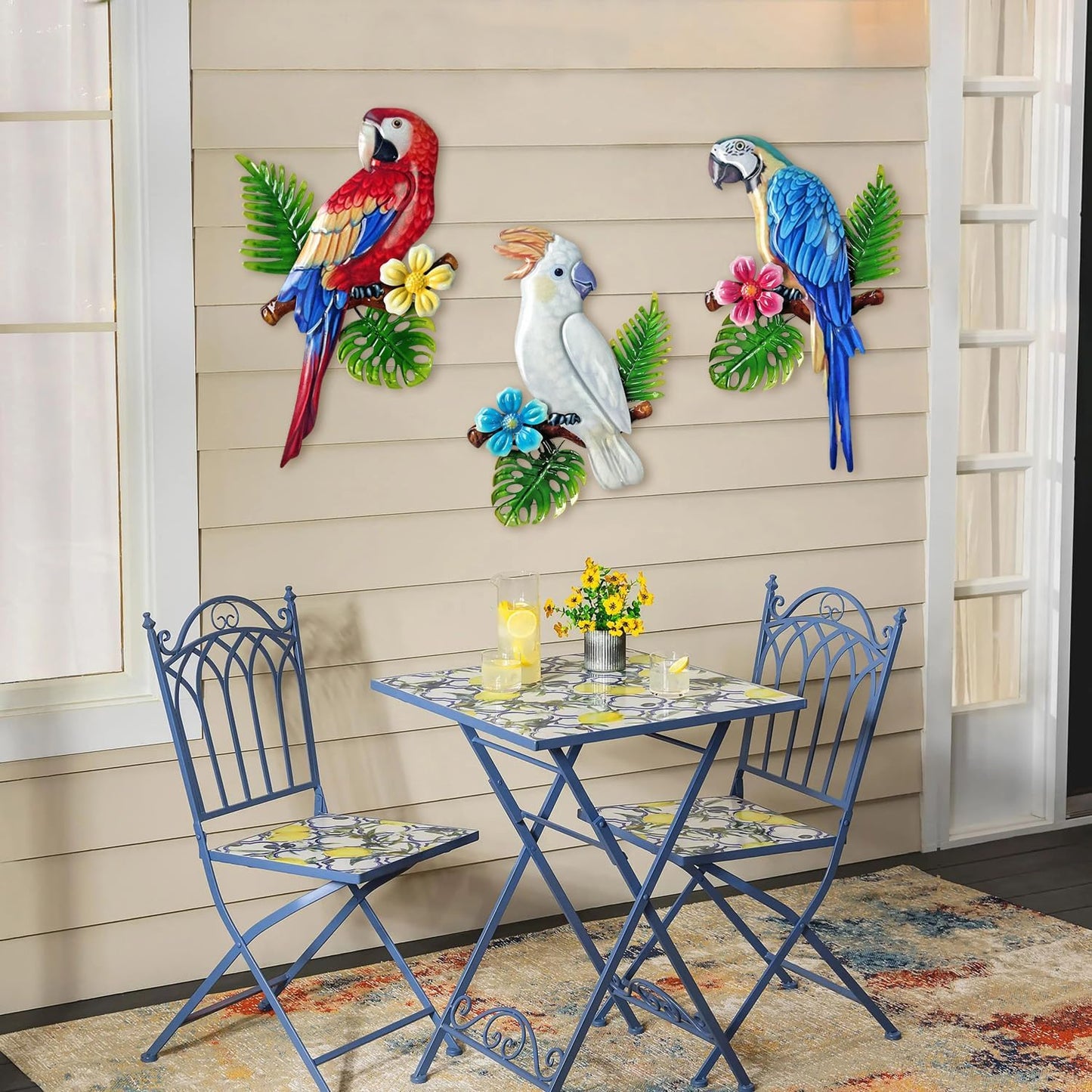 WAIU 3 Pcs Metal Parrot Wall Art Decor Set - Tropical Vivid Parrots on Branch, Outdoor Indoor Hanging Decor for Garden Fence Courtyard Patio