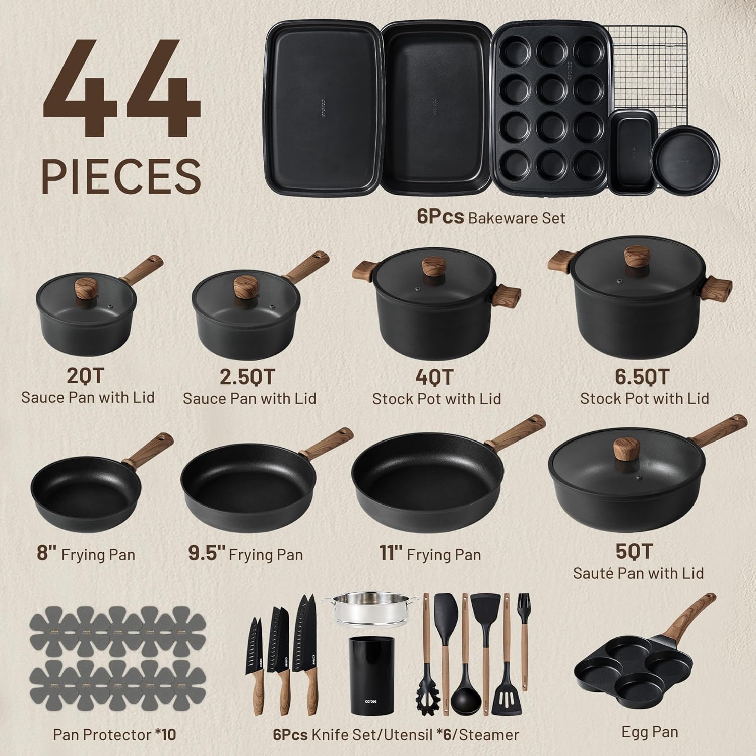 CAROTE 44pcs Nonstick Kitchen Titanium Cookware Sets, Nonstick Pots an