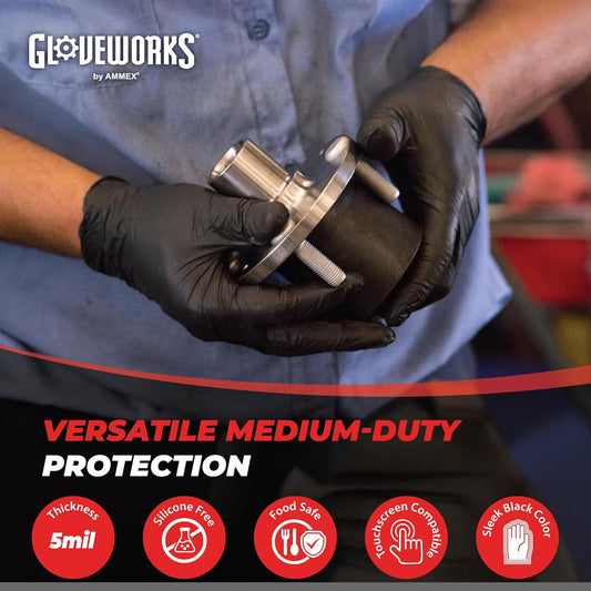GLOVEWORKS Black Nitrile Gloves 5 Mil Disposable, Latex Free, Textured Grip for Food Service, Cooking, Professional Cleaning
