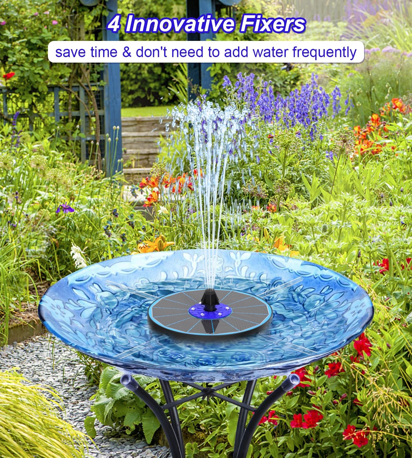 SZMP Solar Fountain Pump 3.5W Bird Bath Fountains with Blue Flower Upgraded Glass Panel, 7 Nozzle & 4 Fixer, Solar Powered Water Fountain for Garden, Pond, Outdoor (Colorful)