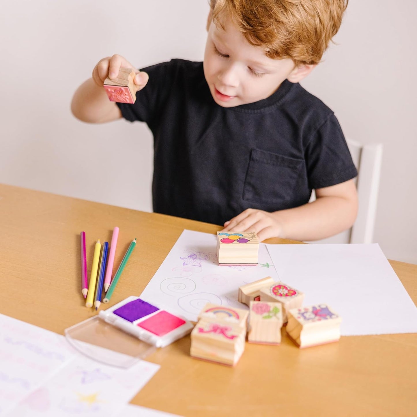 Melissa & Doug Wooden Stamp Set: Friendship - 9 Stamps, 5 Colored Pencils, and 2-Color Stamp Pad - FSC Certified