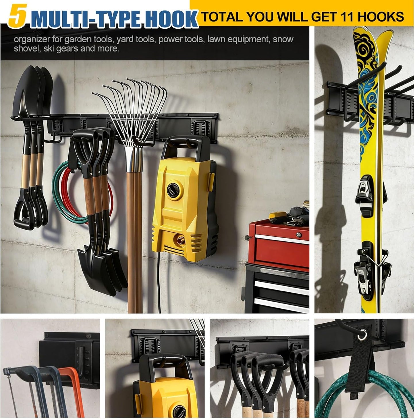 14Pack Garage Storage & Organization Kit, 49.5'' Rails with 11 Adjustable Hooks, Heavy Duty Garage Tool Organizer Wall Mount, Space-Saving Garage Wall Hook Rack for Garden Yard Tool Shed, Up to 520lbs