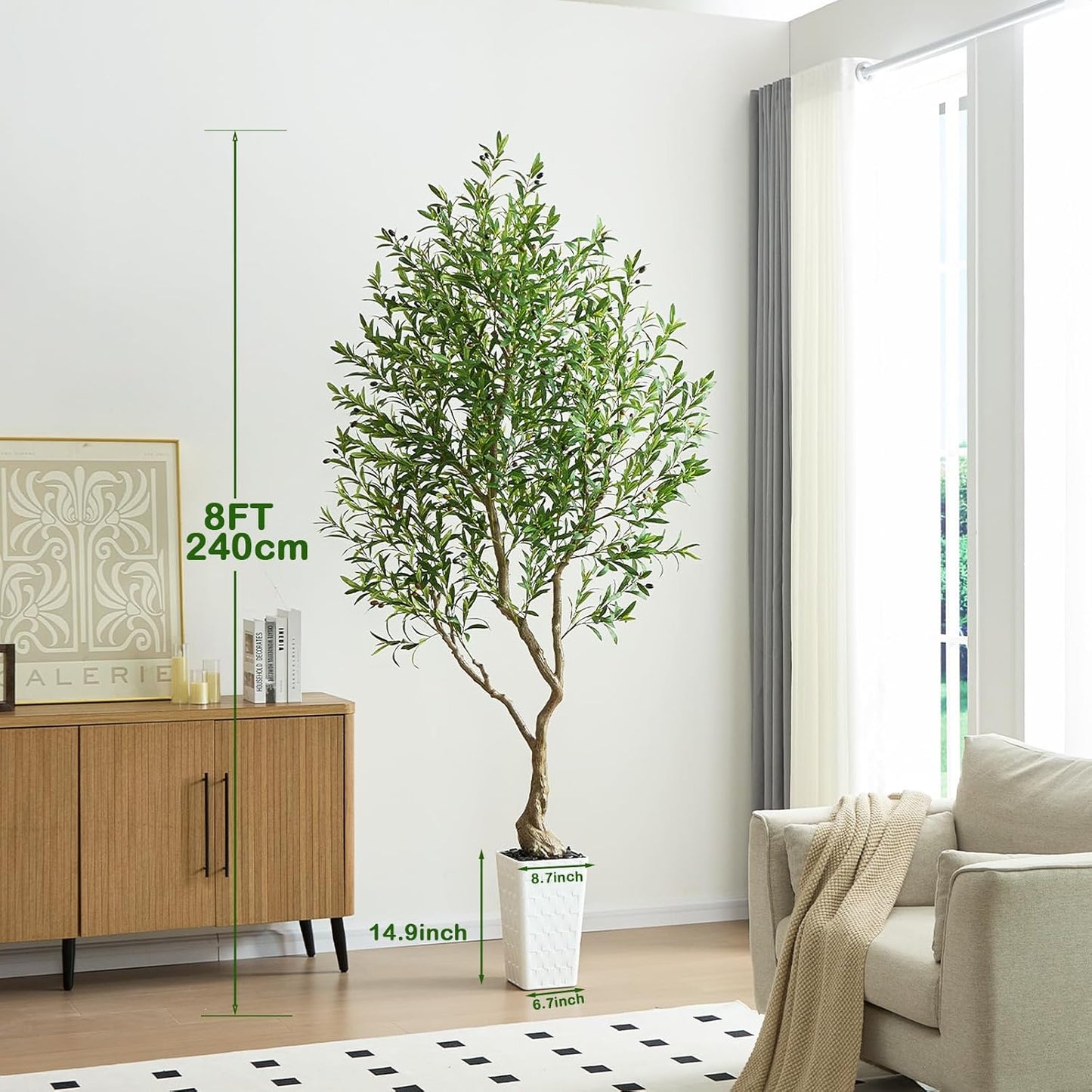 Artificial Olive Tree, 8FT Tall Faux Olive Trees with White Tall Planter & Pebbles, Fake Silk Plant with Natural Trunk & Lifelike Fruits, Fake Tree for Home Office Living Room Indoor Outdoor Decor