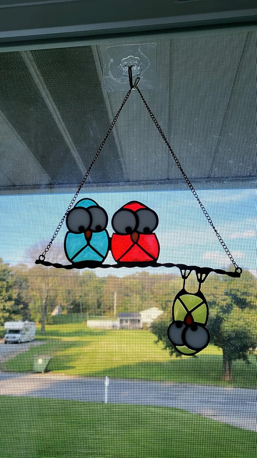 Multicolor Owls on a Wire High Suncatcher Panel, Bird Suncatcher for W